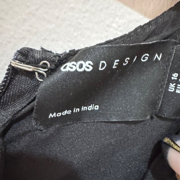 ASOS Design Black & Gold Beaded Fringe Check Minidress Size 12 - Picture 4 of 6